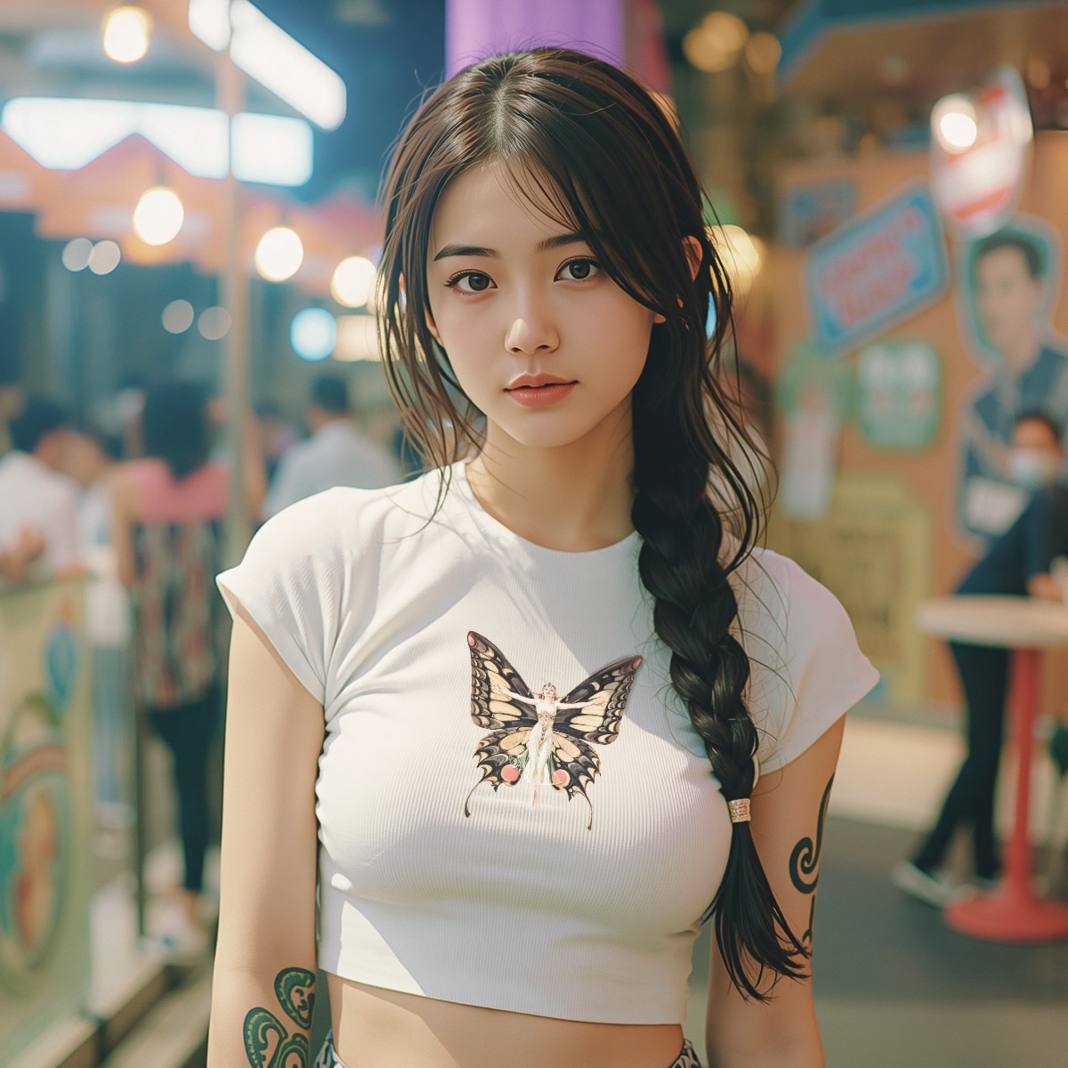 white-cap-sleeve-crop-top-women's-with-vintage-butterfly